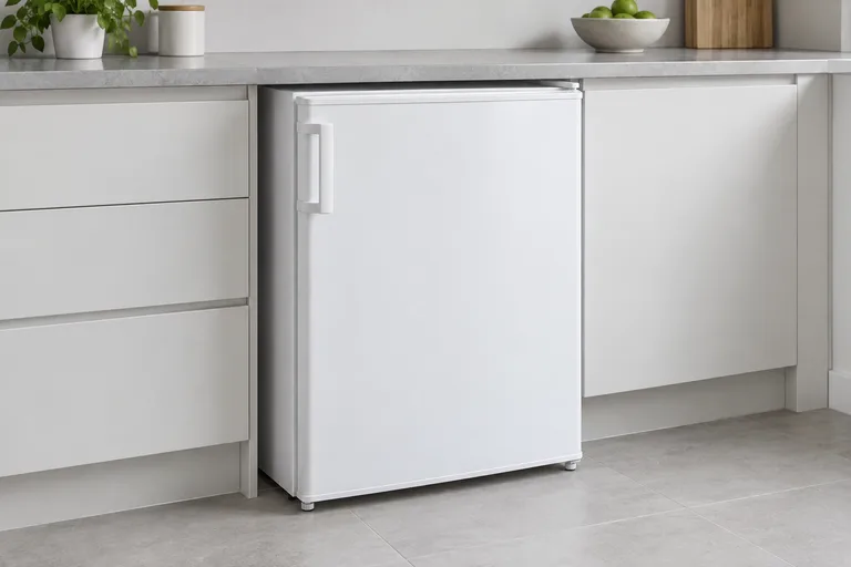 Fictional unbranded white fridge in a demo kitchen