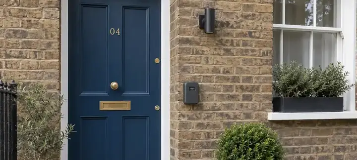Navy front door, number 04, with Lockbox A on the wall to its right