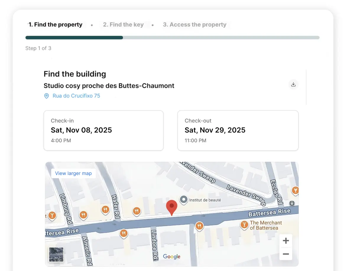 The arrival guide showing the building and its map