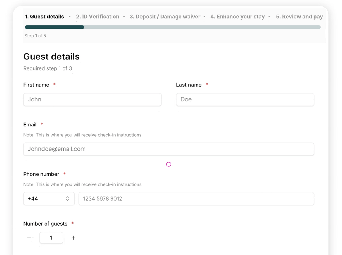 A guest filling in their details on the pre-check-in link