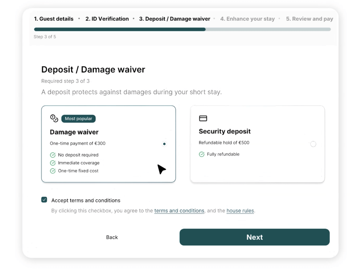 A guest choosing between a deposit and a damage waiver