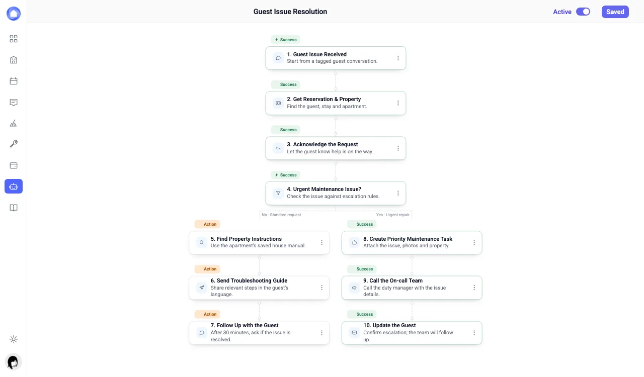 The Base360 AI assistant building a guest issue workflow from one sentence, then running it