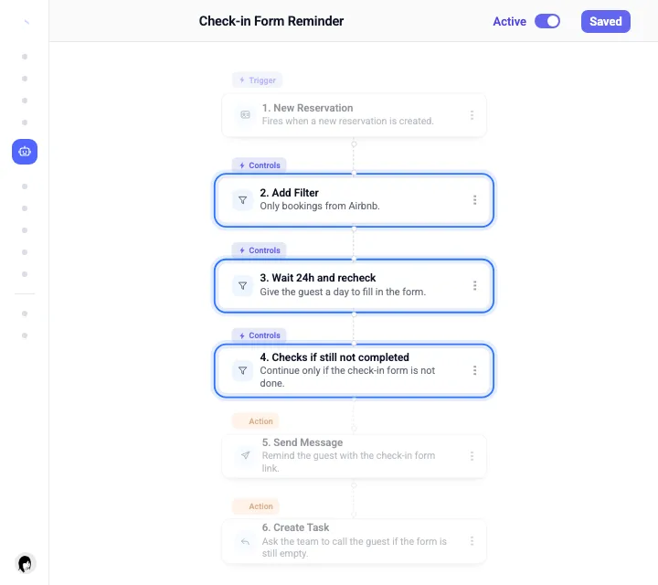 The same workflow with its controls selected: Airbnb bookings only, wait 24 hours and recheck, check if still not completed