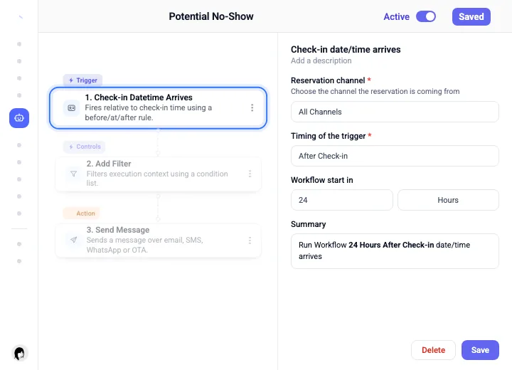 A potential no-show workflow in the Base360 builder: the Check-in date/time arrives trigger set to 24 hours after check-in, then a filter and a message