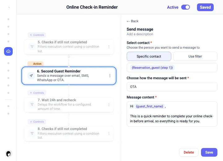 The reminder part of a check-in workflow in the Base360 builder: check if still not completed, send the second guest reminder, wait 24 hours and check again