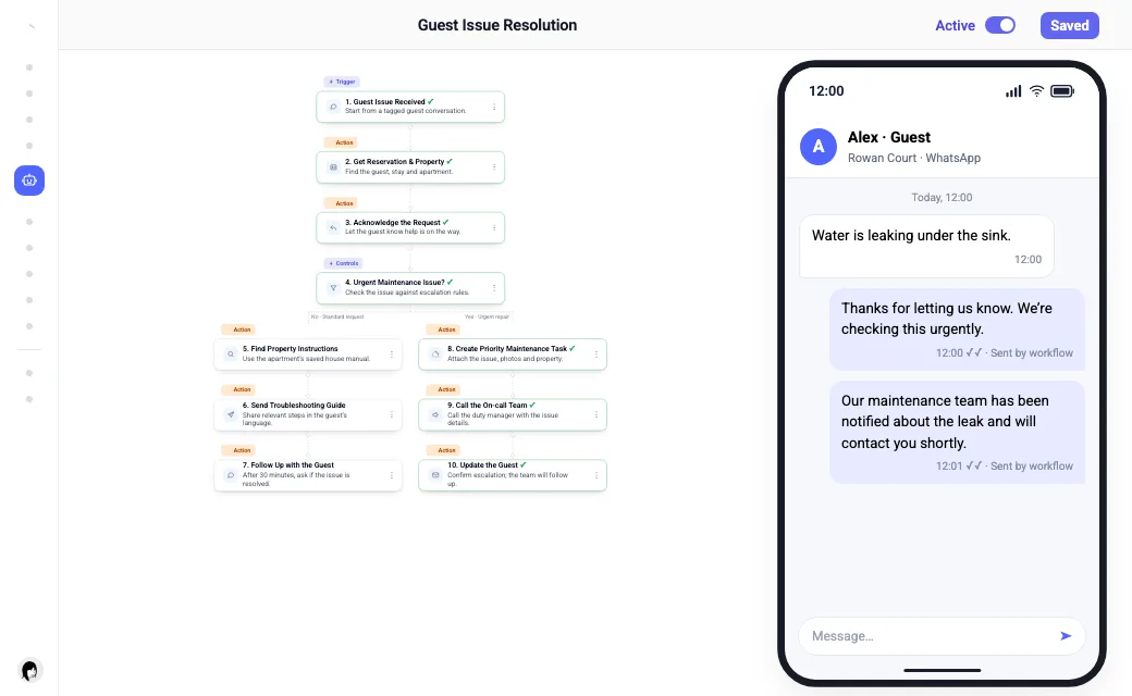 One run of the Guest Issue Resolution workflow, followed step by step beside the team's phone: each step shows Running, then Success, and the phone shows what it did