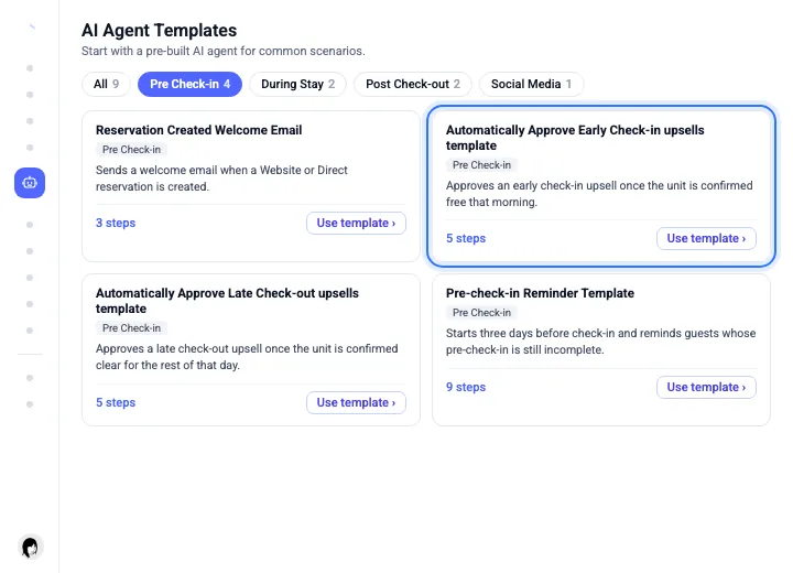 The AI Agent Templates page filtered to Pre Check-in, with the early check-in approval template selected