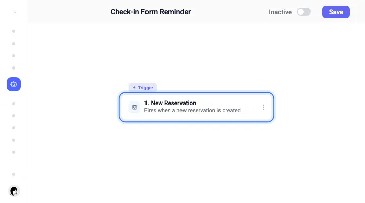 A check-in reminder workflow in the Base360 builder, its New Reservation trigger selected