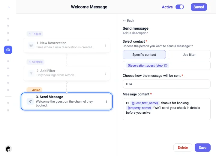 A welcome workflow in the Base360 builder: new reservation, Airbnb bookings only, then the Send message step with the welcome text being written
