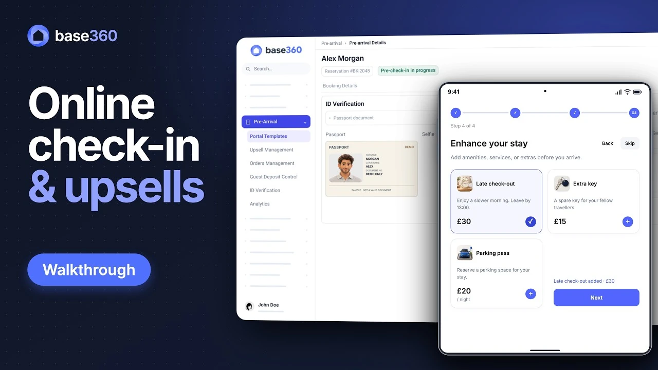 Check-in en ligne et ventes additionnelles : le tableau de bord avant l’arrivée de Base360 à côté du portail voyageur sur un téléphone.
