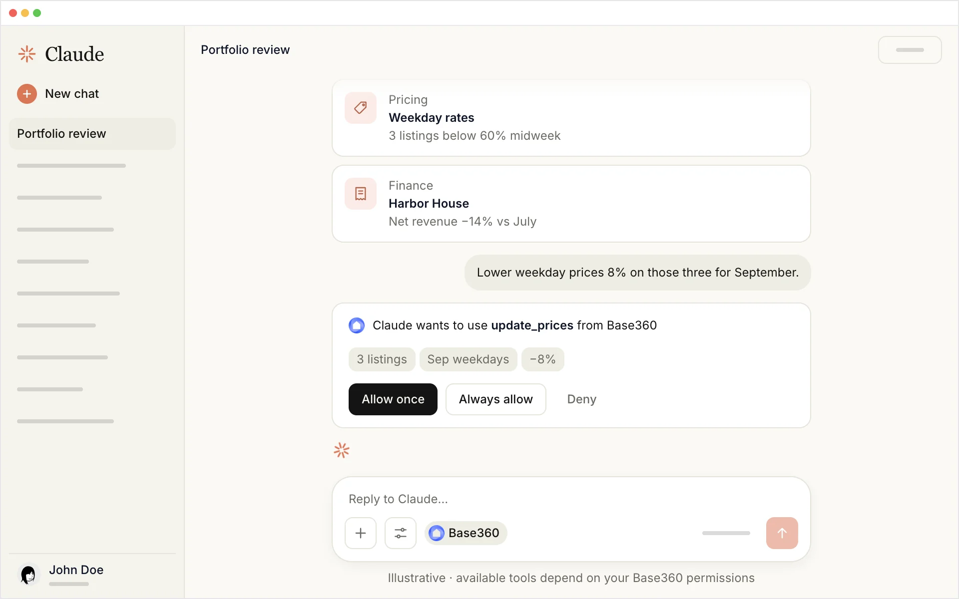 Claude asking permission to lower September weekday prices by 8% on 3 listings in Base360, with Allow once, Always allow and Deny.