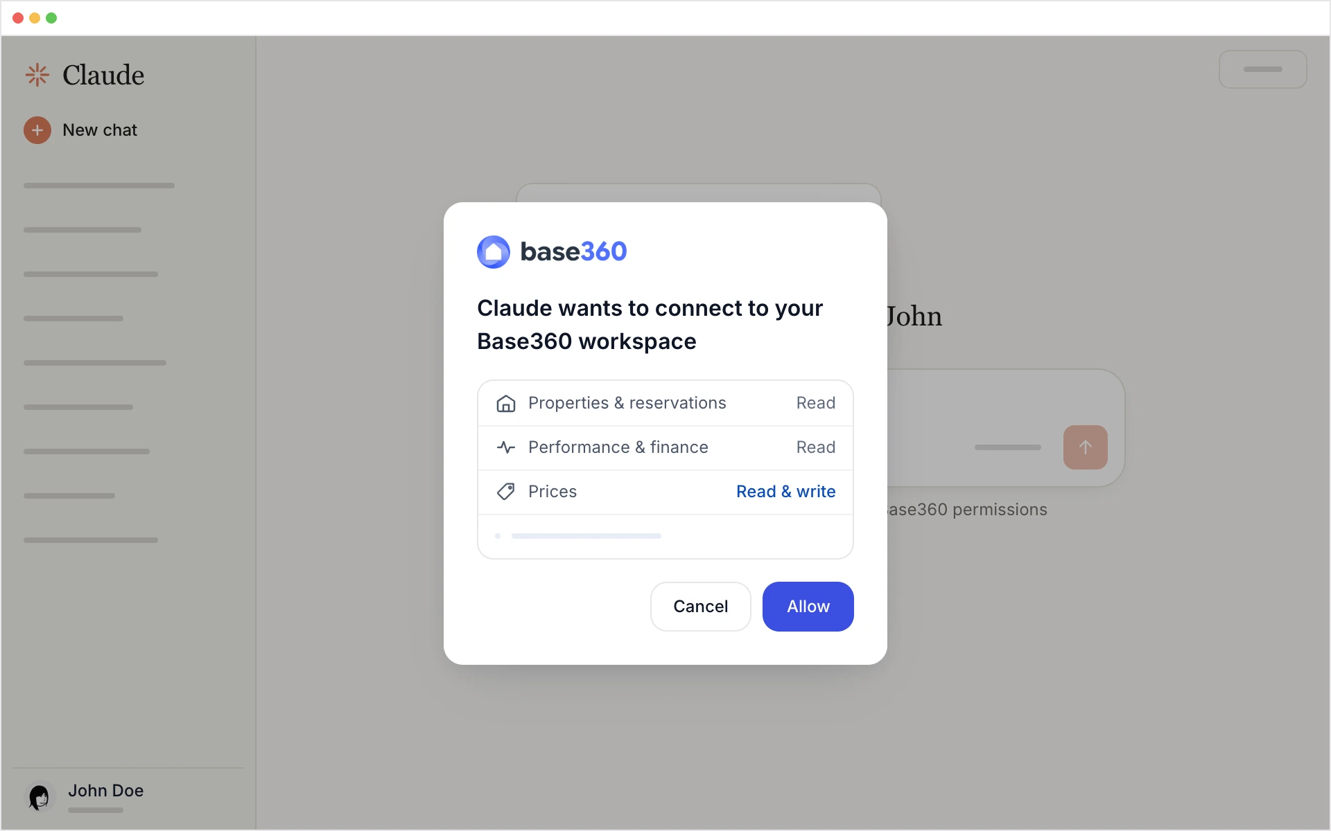 Base360's consent screen inside Claude: Claude wants to connect to your Base360 workspace, with Properties and reservations Read, Performance and finance Read, and Prices Read and write.