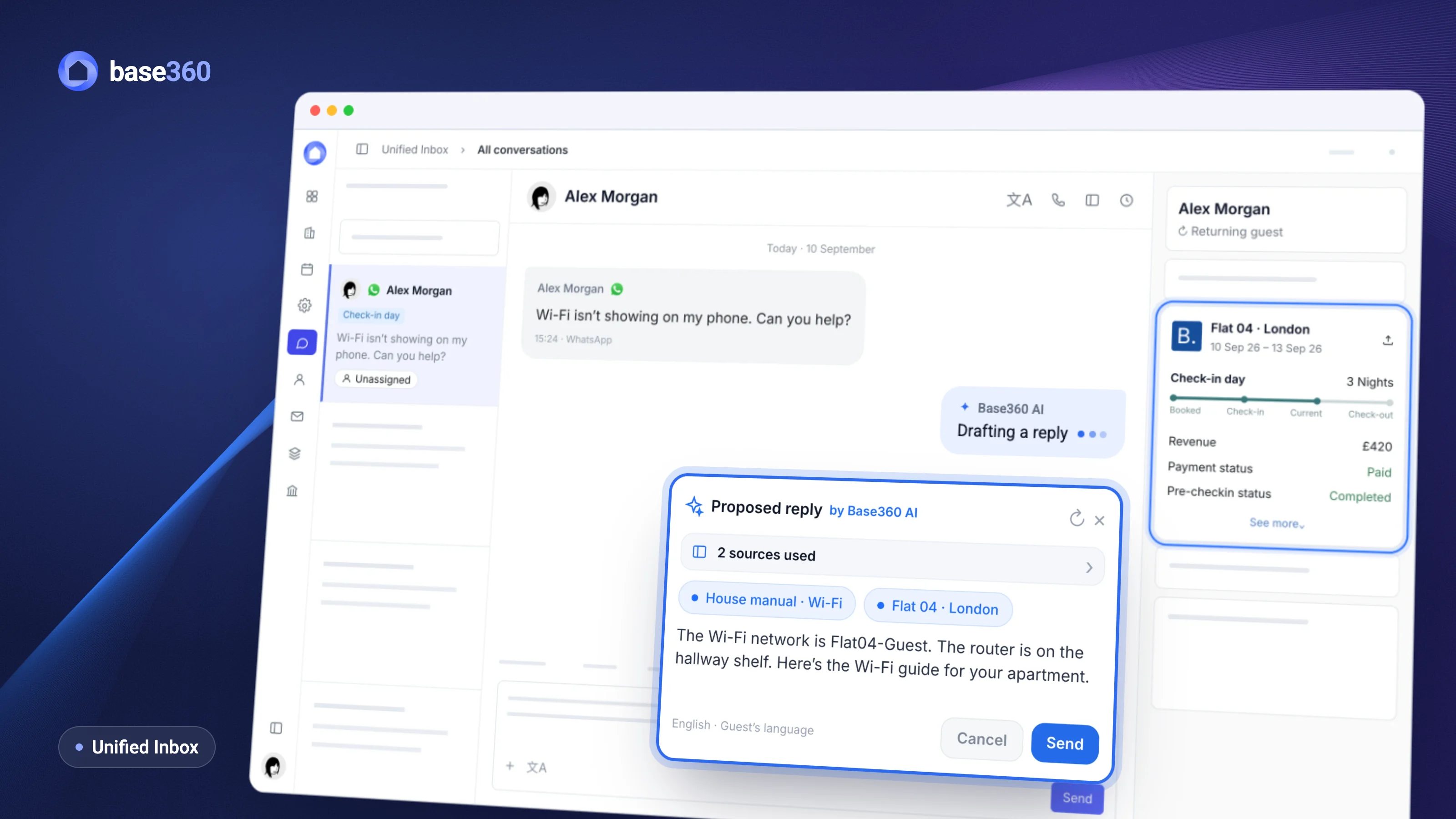 The Base360 Unified Inbox: a guest's WhatsApp question about the Wi-Fi, Base360 AI drafting a reply, and the proposed reply in the chat with the two sources it used, the house manual and the booking. Demo data.