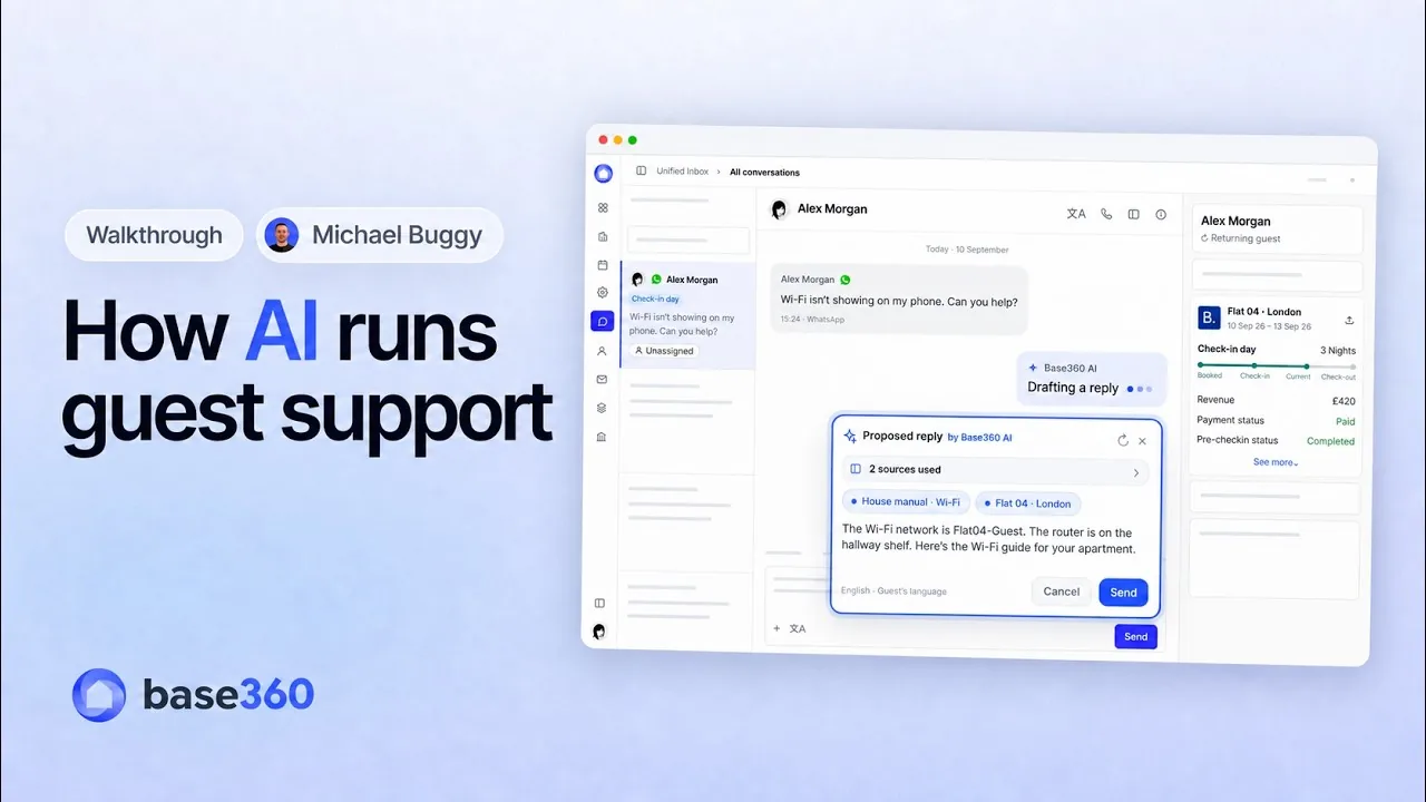 La messagerie unifiée de Base360 sur un ordinateur portable : un message WhatsApp d’Alex Morgan au sujet du Wi-Fi, et une réponse rédigée par Base360 AI, qui cite le livret d’accueil et le logement, en attente d’envoi. Données de démonstration.