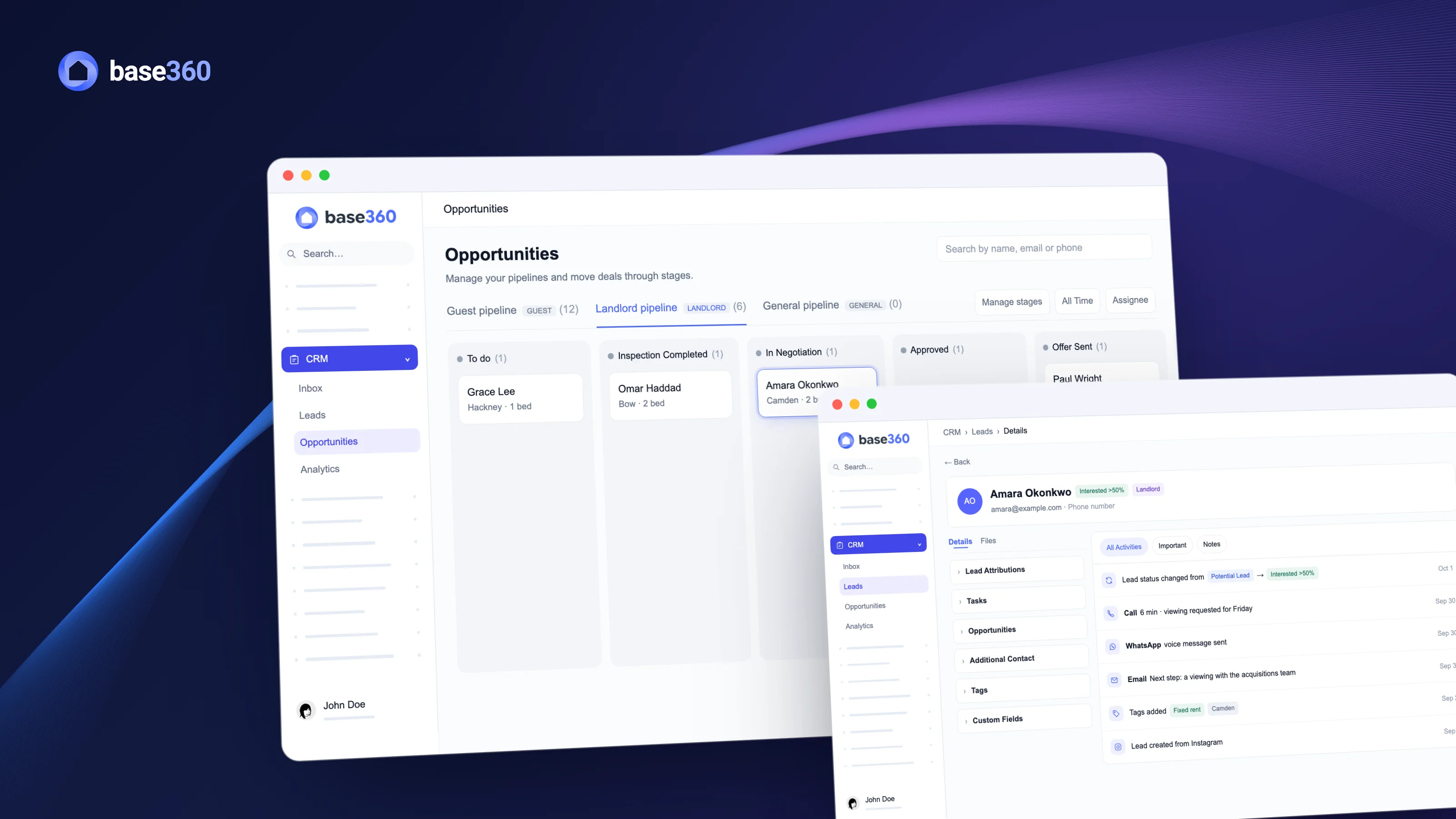 The Base360 landlord pipeline from To do to Offer Sent, with a landlord&rsquo;s profile and activity timeline laid over it. Demo data.