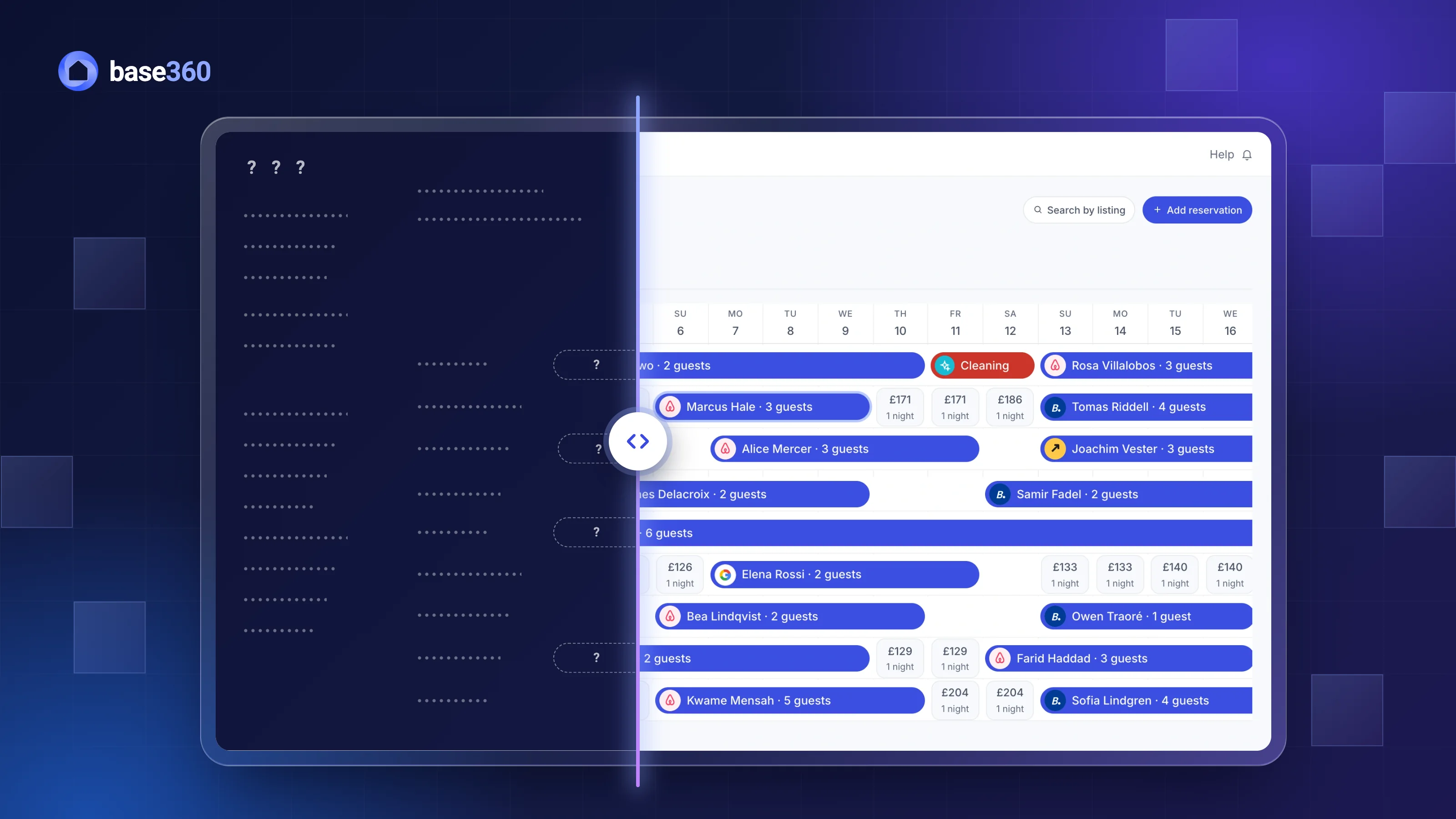 A before and after slider across one screen: the current PMS, unknown and marked with question marks, on the left, the Base360 calendar with bookings from Airbnb, Booking.com and other channels on the right. Demo data.