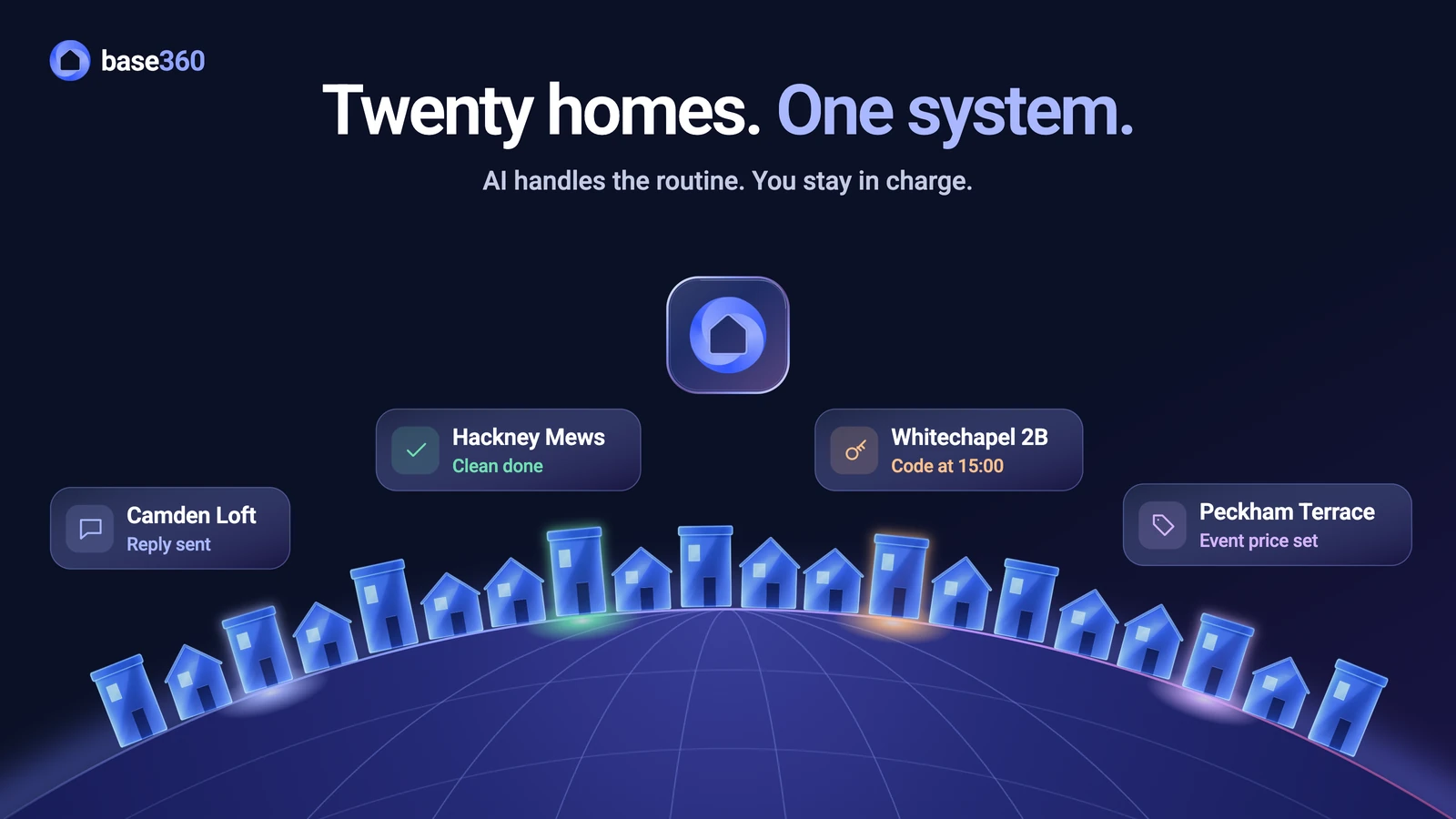 Twenty homes, one system: twenty glass houses along the curve of a planet, under the Base360 mark. Four of them show what just happened: Camden Loft reply sent, Hackney Mews clean done, Whitechapel 2B code at 15:00, Peckham Terrace event price set.