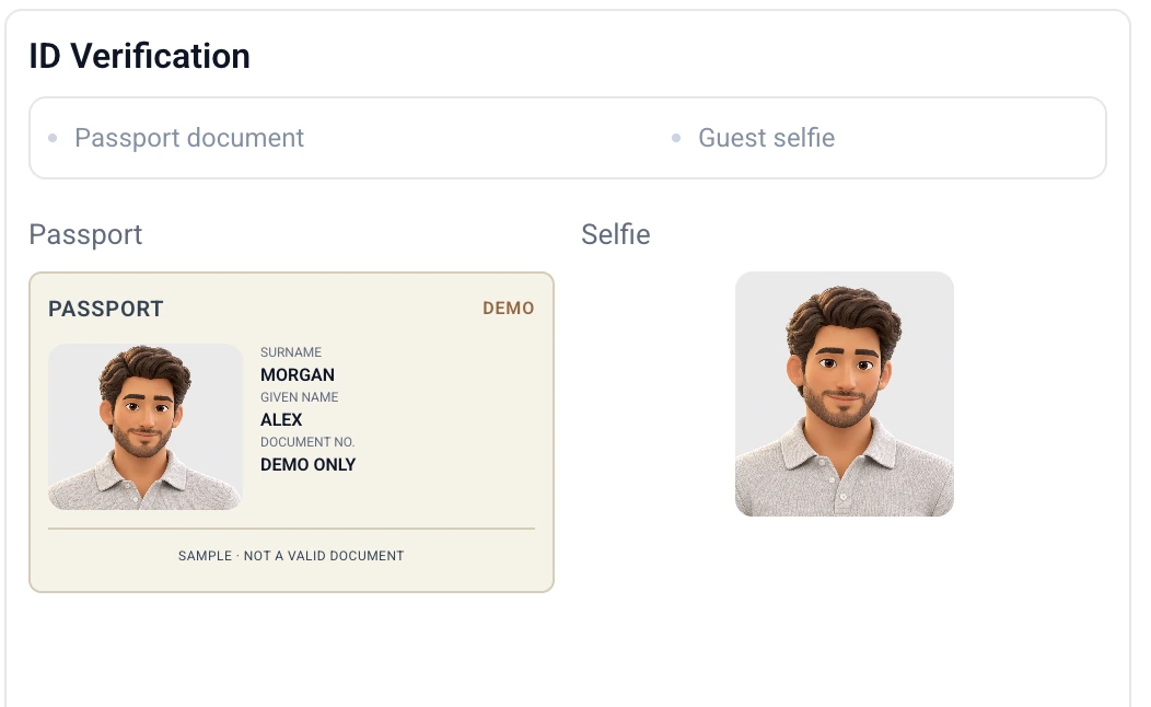 Existing Base360 ID Verification panel with demo passport and guest selfie.
