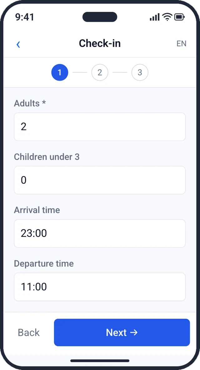 Existing guest check-in portal with guest counts and arrival and departure times.