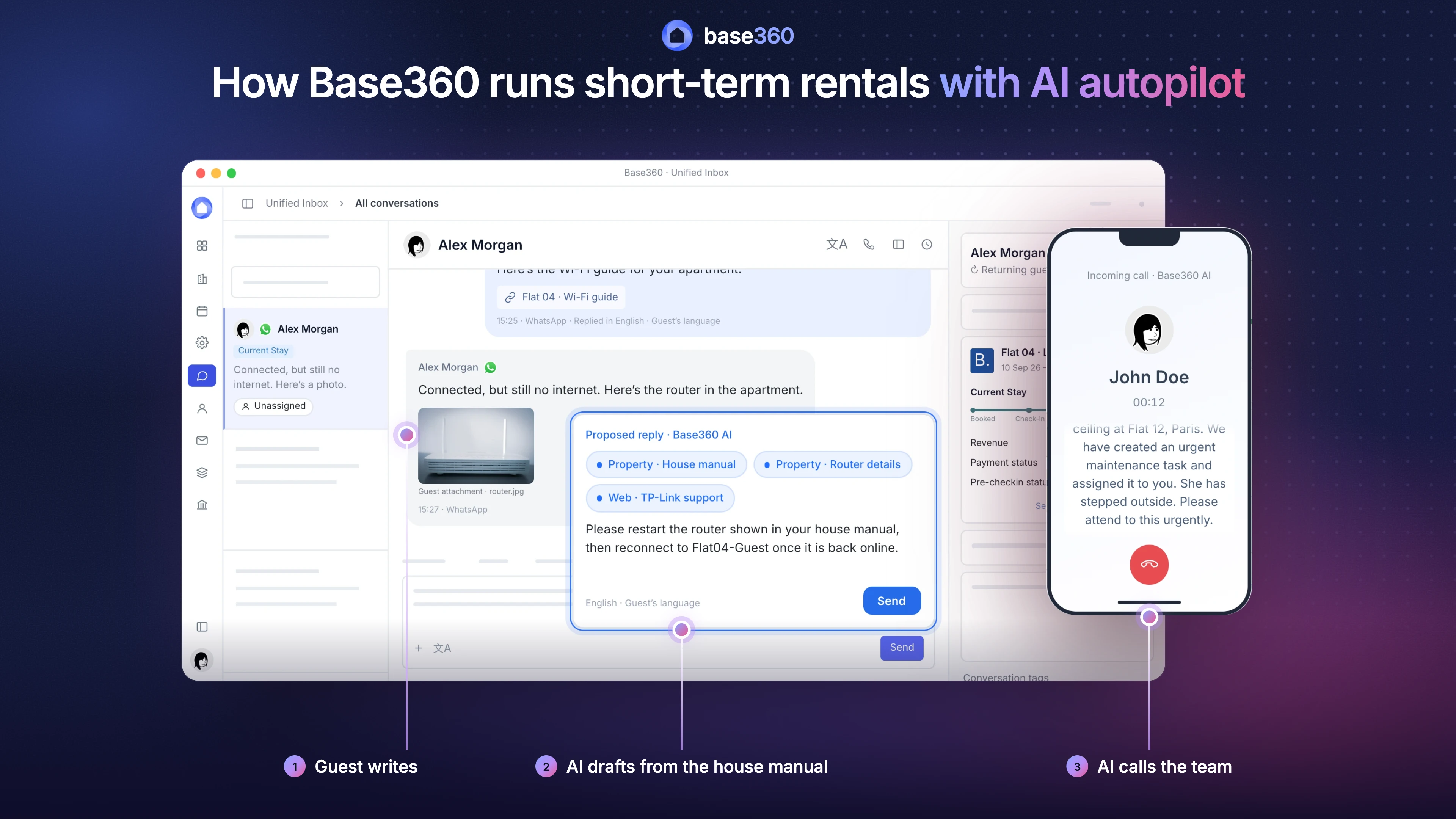 How Base360 runs short-term rentals with AI autopilot: a guest writes in the unified inbox, the AI drafts a reply from the house manual, and the AI calls the team when it's urgent. Demo data.