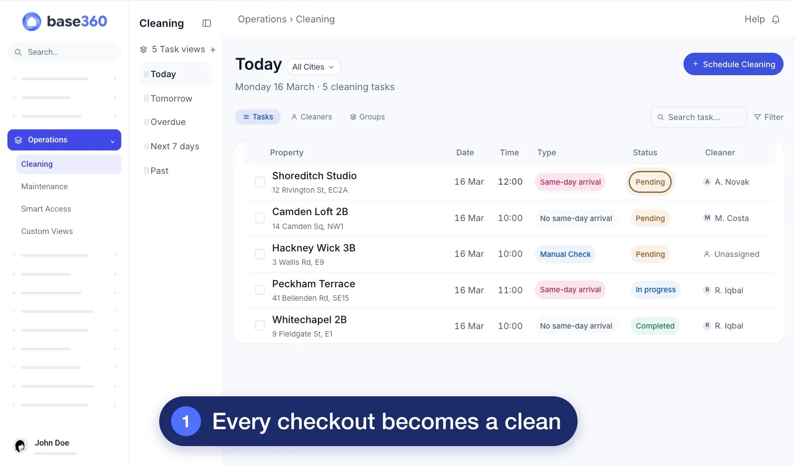 A Base360 clean in four steps: every checkout becomes a clean with a cleaner assigned, the cleaner opens the checklist on their phone, works through it, and a problem they find goes to maintenance as a task. Demo data.
